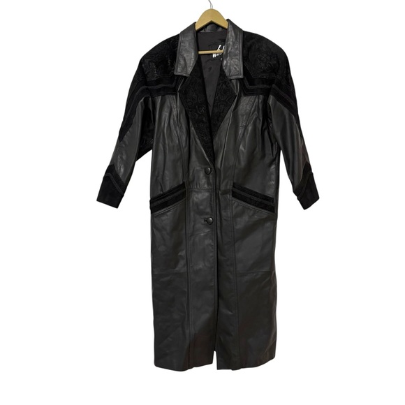 Vintage Winlit Women’s Size Large Black Leather Trench Coat Jacket Southwestern - Picture 1 of 9